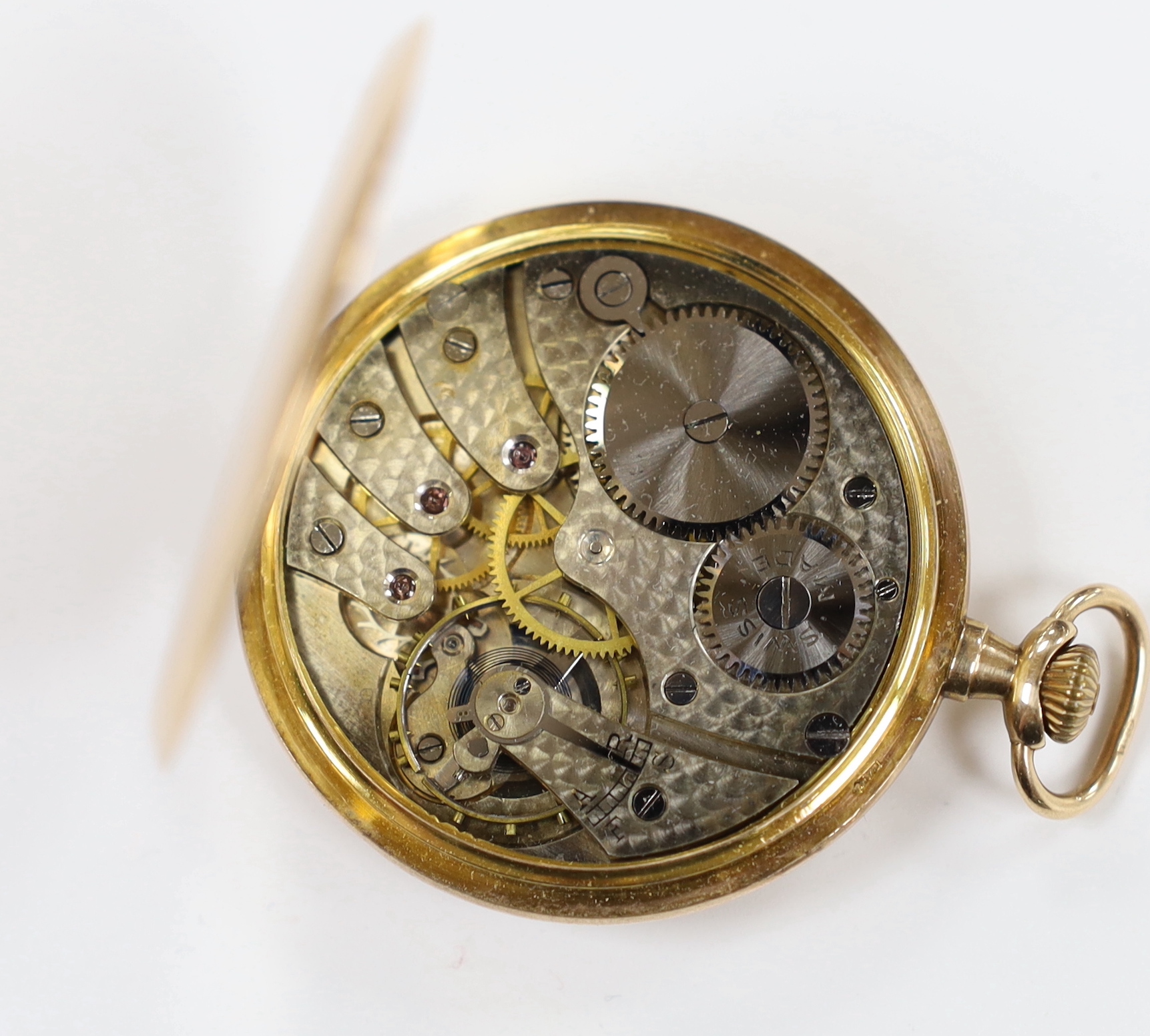 A 1920's Swiss 9ct gold open face keyless dress pocket watch, with Arabic dial and subsidiary seconds, gross weight 43.1 grams.